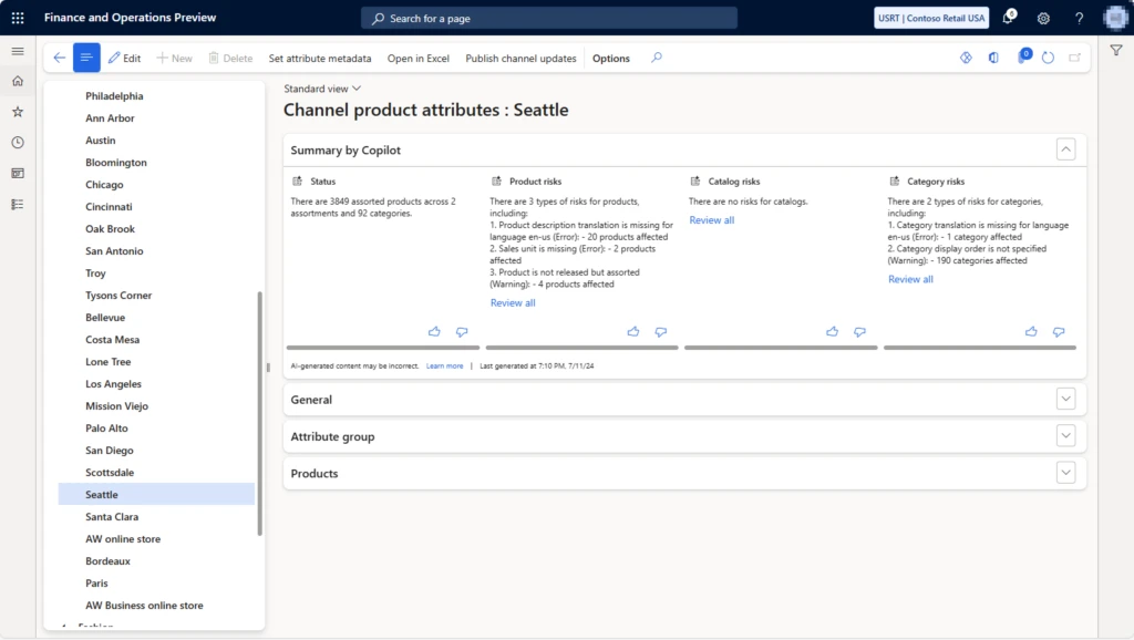 Screenshot of Copilot merchandising insights in Dynamics 365 Commerce.