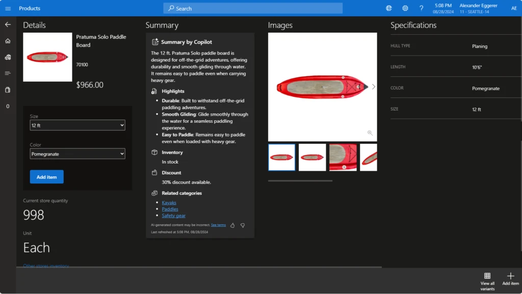 Screenshot of Copilot product insights in Dynamics 365 Commerce.