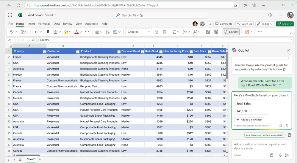 A screenshot of Copilot in Excel