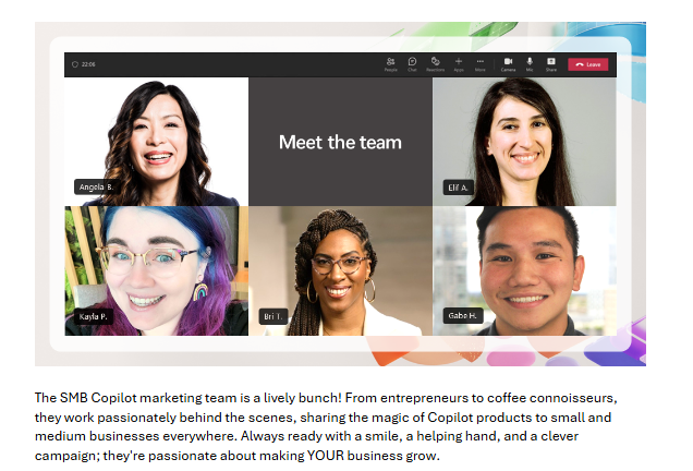 An image of the SMB Copilot team at Microsoft, with Angela Byers, Elif Algedik, Kayla Patterson, Briana Taylor, and Gabe Ho