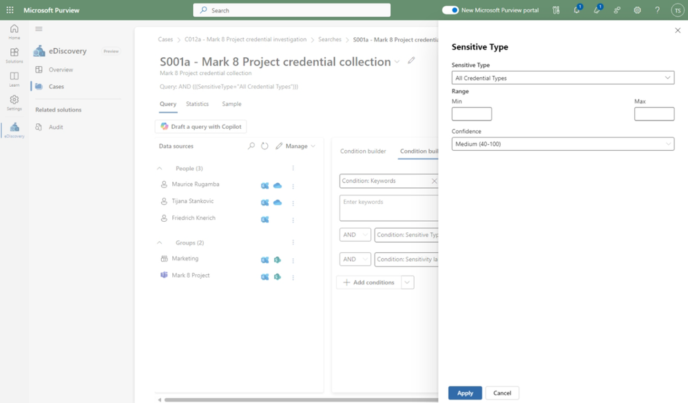 Figure 2: Better integration with Microsoft Information Protection means the ability to search labeled and protected data by SIT and sensitivity label.