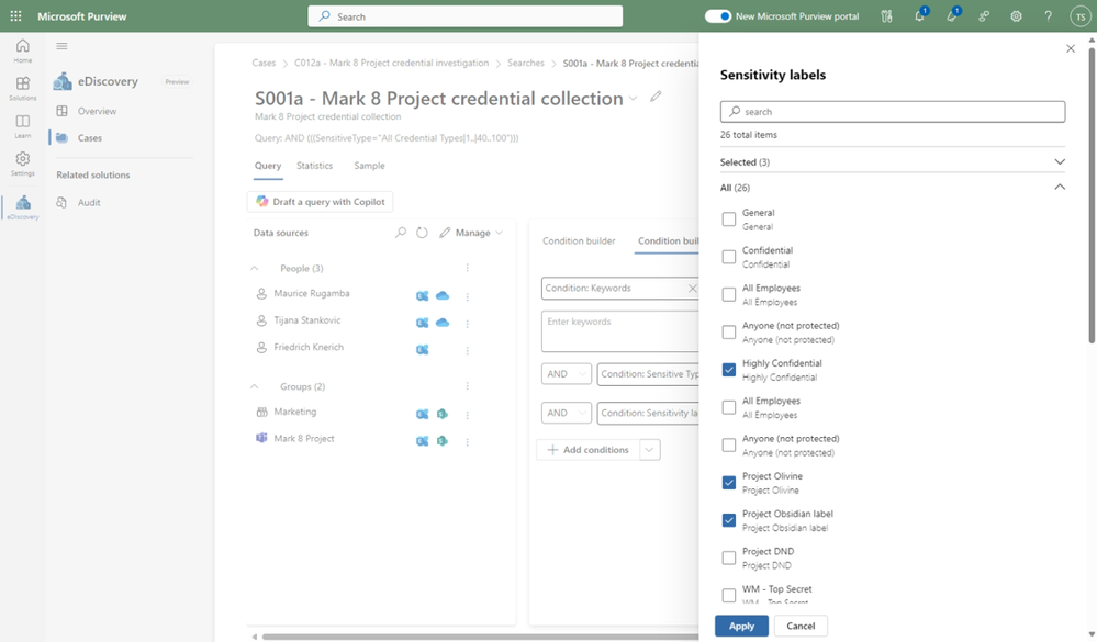 Figure 3: Better integration with Microsoft Information Protection means the ability to search labeled and protected data by SIT and sensitivity label.