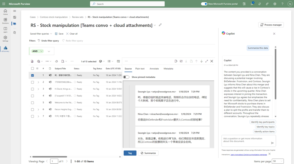 Figure 5: Copilot summarization skill in Review Set helps reviewer review content by assessing summary of the item – even when the conversation is in not in English.