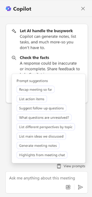 A screenshot of Copilot in Teams Meeting personal chat