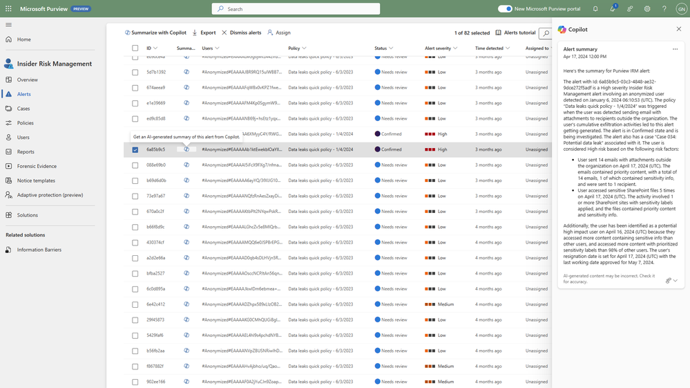 Figure 2: embedded Copilot summarization into Insider Risk Management
