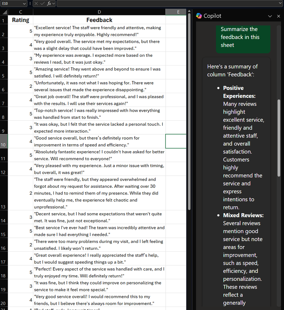 A screenshot of Copilot in Excel summarizing rows of feedback verbatims