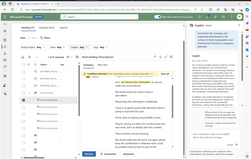 Figure 3: embedded Copilot summarization into Communication Compliance