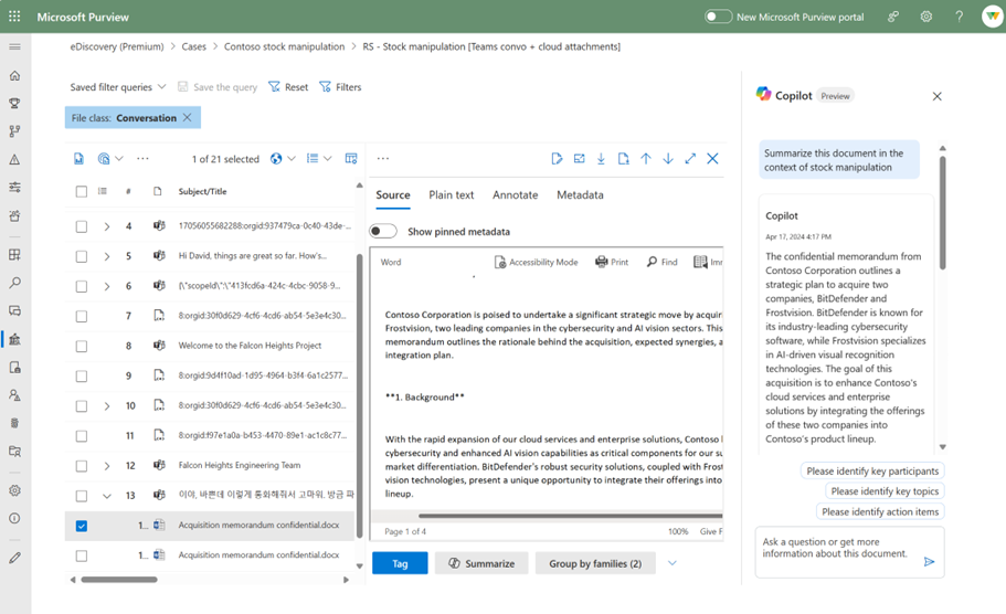 Figure 4: embedded Copilot summarization into eDiscovery