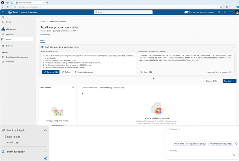 Figure 5: embedded Copilot search with Natural Language on eDiscovery