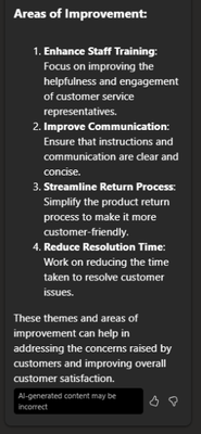 A screenshot of recommendations by Copilot on how to improve customer service based on the feedback analysis