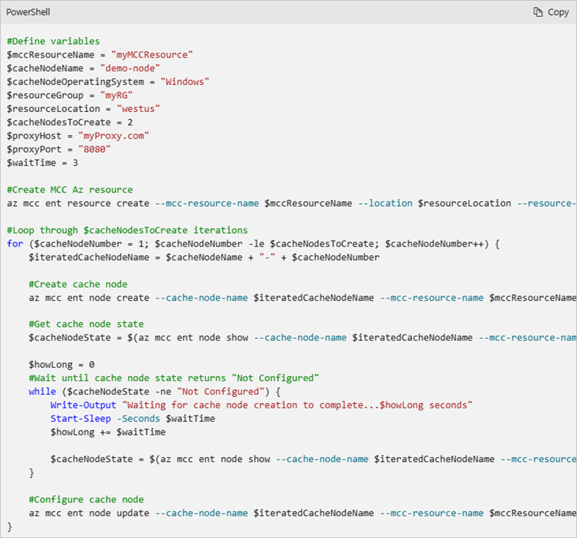 PowerShell snippet demonstrating use of Connected Cache CLI.