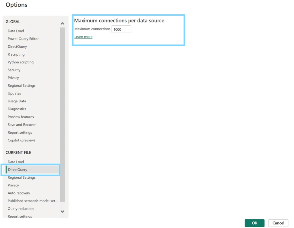 Screenshot of DirectQuery to set maximum connections in Power BI