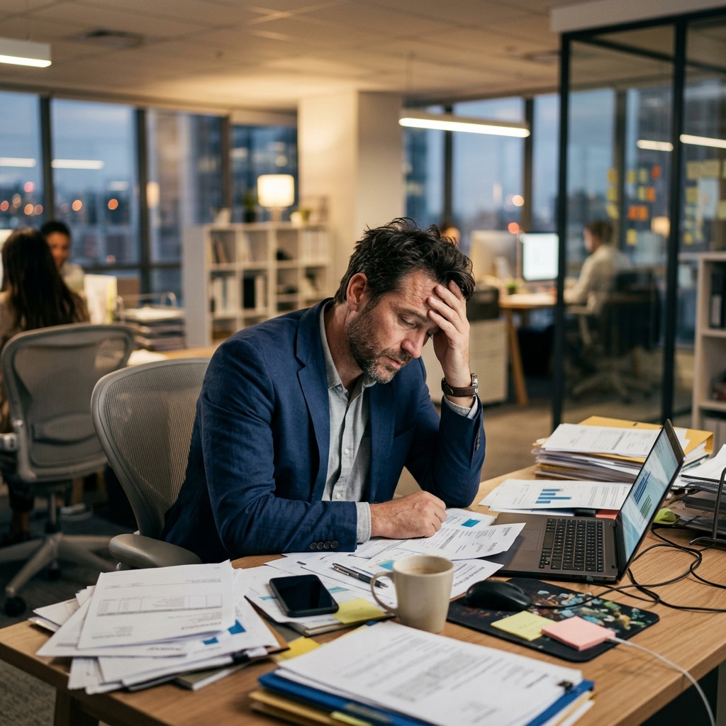 Stressed business owner overwhelmed with tasks